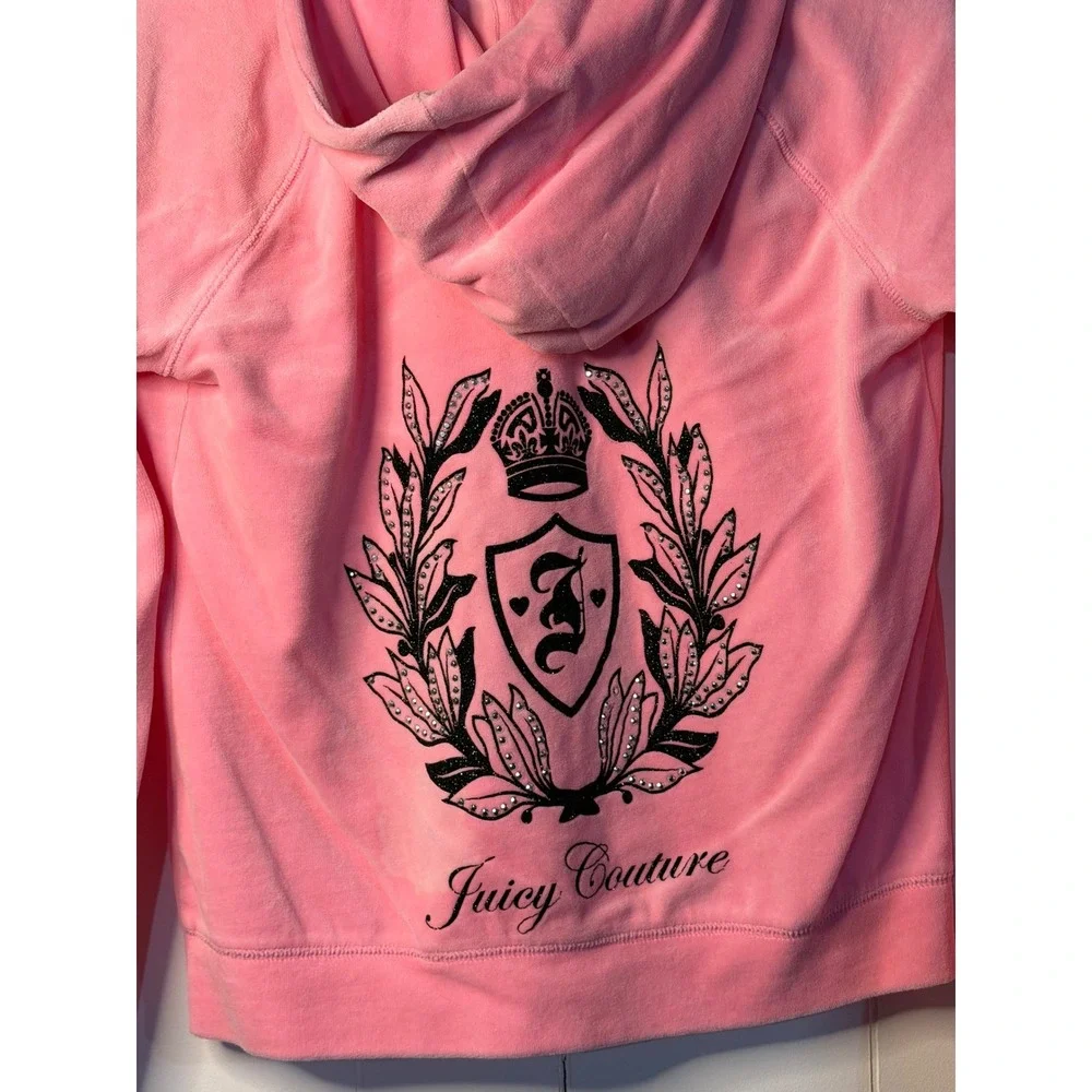 VTG Juicy Couture Hoodie Pink Velour Rhinestone Crest Zip Up Chic Girl XL 16 Y2K